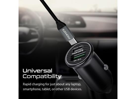 Promate Bullet-PD60 Laptop Car Charger, Smallest Adapter with 60W Power Delivery, Overheat Protection